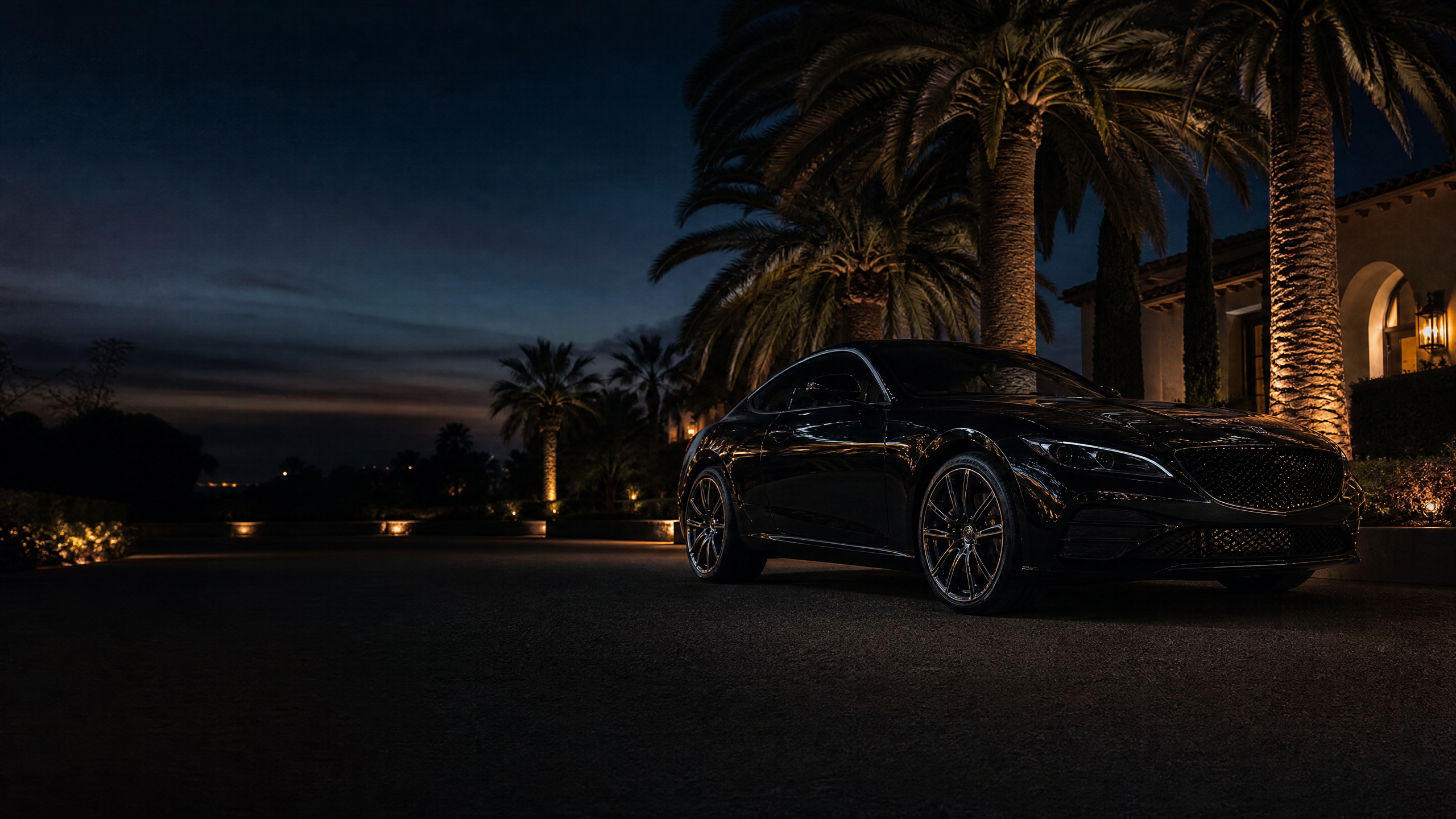 Pristine black grand touring coupe at a Southern California estate